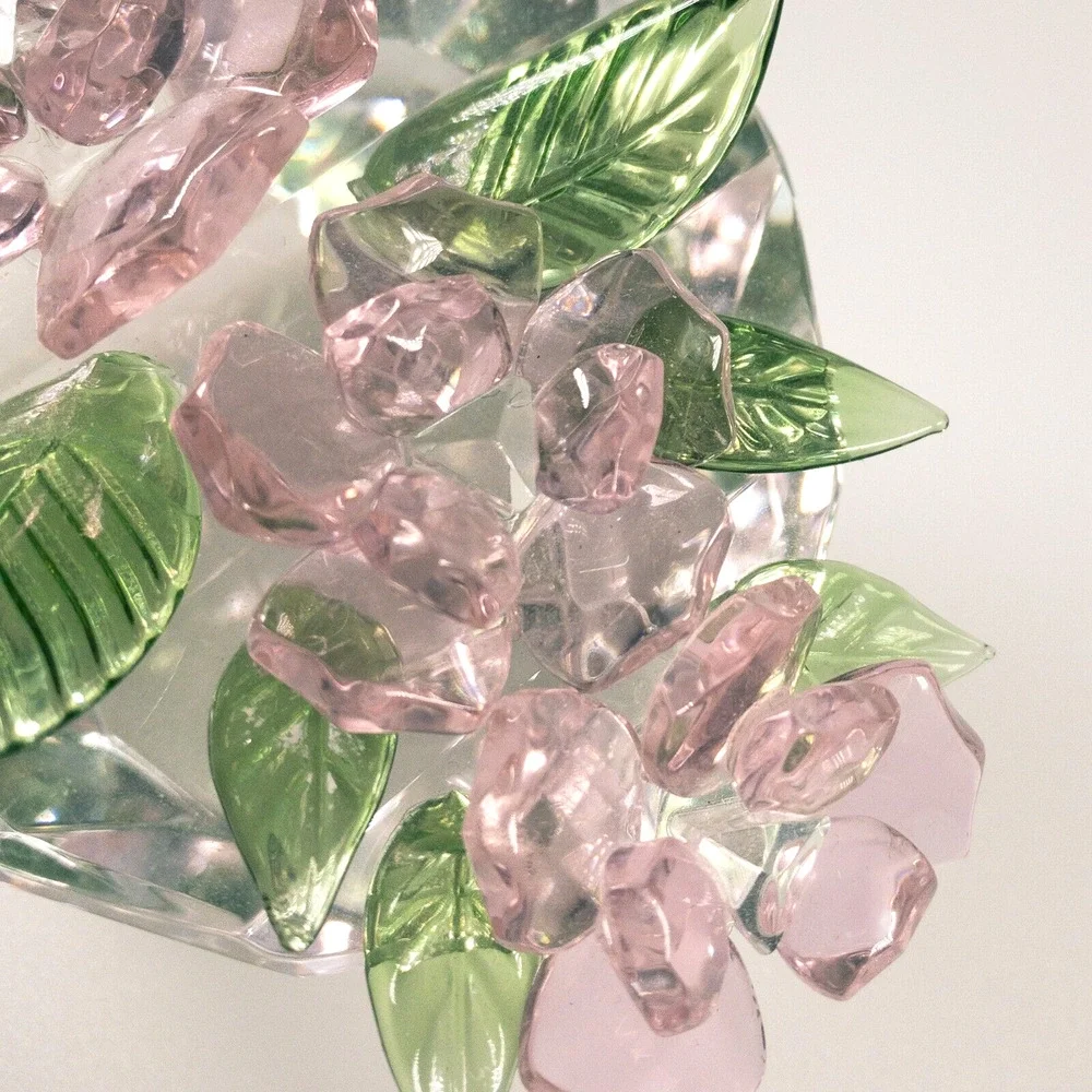 Sorelle Crystal Spring Basket of Flowers Pink Petals Green Leaves Bow 5 in Tall
